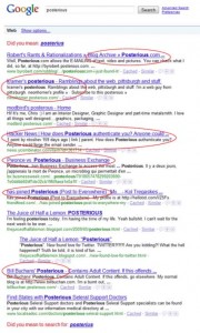 The Google search results for the term "Posterious". Circled in red are the many incidences where users were talking about Posterous but spelled it Posterious.