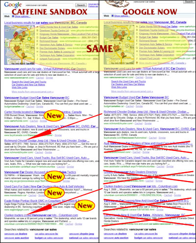Google Caffeine Sandbox Results vs Regular Google on a Local Search