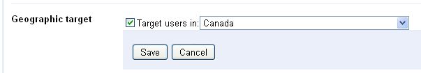 A screenshot of the Geographic Target setting in Google Webmaster Tools: in this case the setting for "Canada" is about to be saved