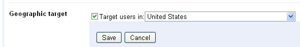 A screenshot of the Geographic Target setting in Google Webmaster Tools. In this case it is set to be saved for the USA