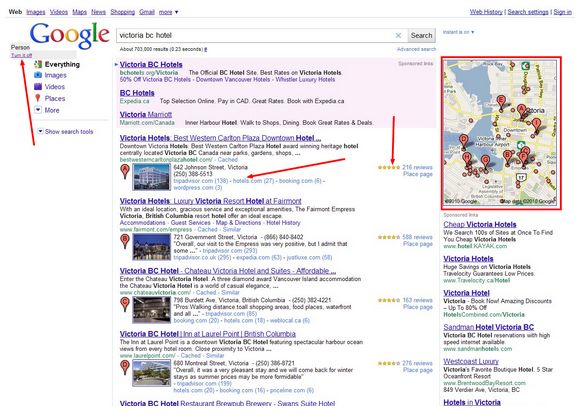 A partial screenshot of Google's new Places search results along with arrows pointing out points of interest.
