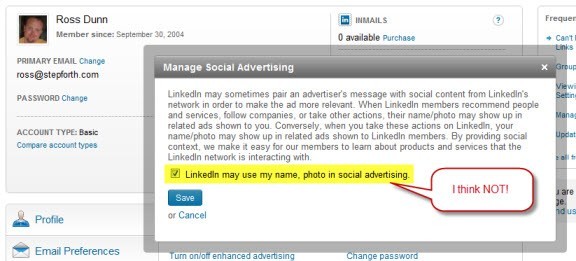 A screenshot of Ross Dunn's LinkedIn settings showing the default setting which allows LinkedIn to use my name and photo in social advertising