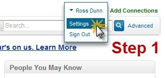 A screenshot of the dropmenu on LinkedIn: click on "Settings" in the drop-down under your account name