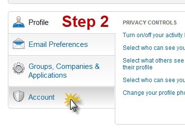 A screenshot showing how to click on the "Account" tab in the resulting Profile Settings page.