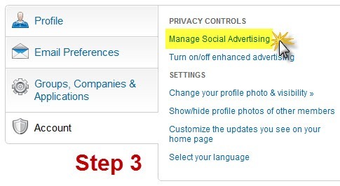 A screenshot showing the next step in the process: to click on "Manage Social Advertising" in the "Account" tab you just enabled.