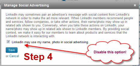 A screenshot instructing you to disable the option to allow LinkedIn to use your name and photo in social advertising