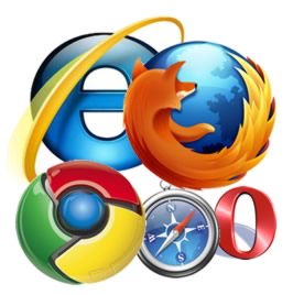 A collage of the 5 web browser logos with the most market share - Internet Explorer, FireFox, Chrome, Safari, Opera