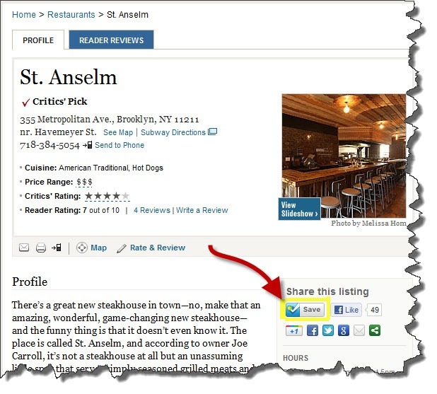 An example of the new Foursquare button on the New York Magazine website