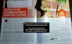 A photo of the article "Thumbs Up for StumbleUpon's Marketing Platform" from the Fall Edition of the Search Marketing Standard