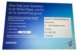 A photo of the Nokia Prime Place address verification card delivered to StepForth