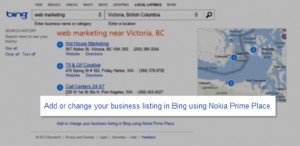 A screenshot of a local search result on Bing offering business owners to submit or alter their listings