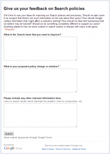 A screenshot of the form Google posted to request feedback on their search policies