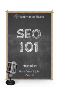SEO 101 written on a chalkboard along with the name of the hosts