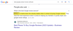 A screenshot of a Google People also ask result that suggests buying Google reviews.