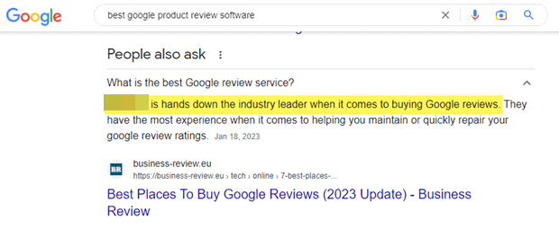 A screenshot of a Google People also ask result that suggests buying Google reviews.